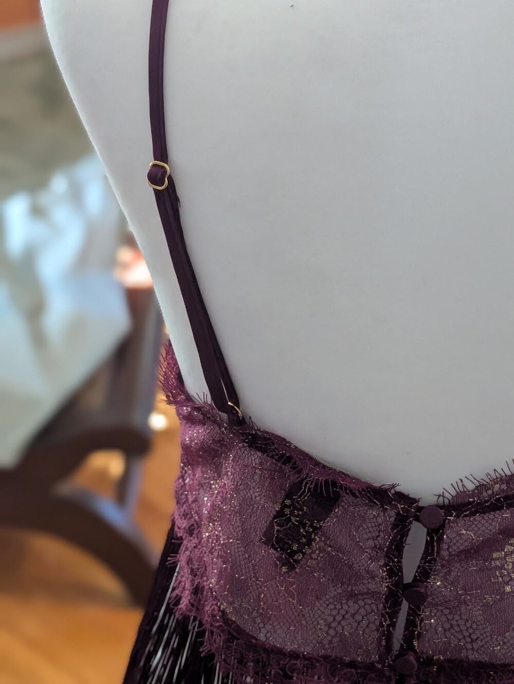 Fringe Lace Lingerie Set Burgundy Plunge Babydoll Teddy Thong 2 Piece NWT Medium - Picture 8 of 13